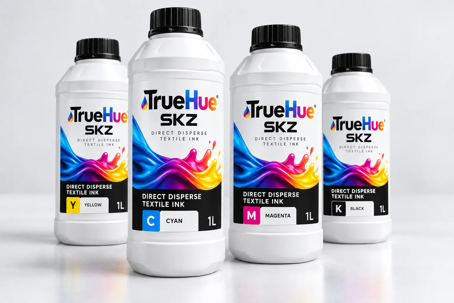 TrueHue Direkt Dispers Tekstil mürekkep şişeleri: camgöbeği, macenta, sarı ve siyah