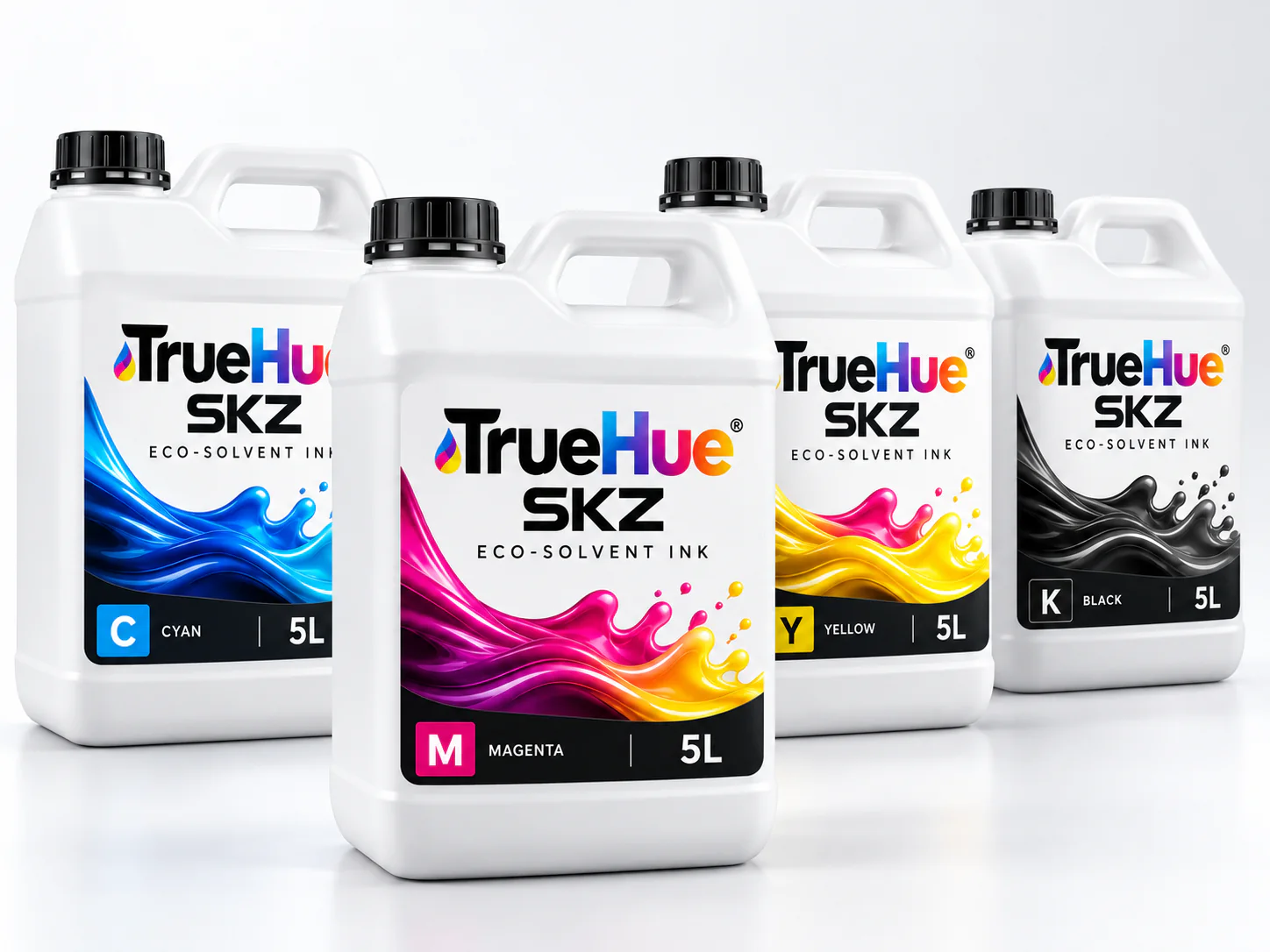 TrueHue Eco-Solvent mürekkep bidonları: camgöbeği, macenta, sarı ve siyah