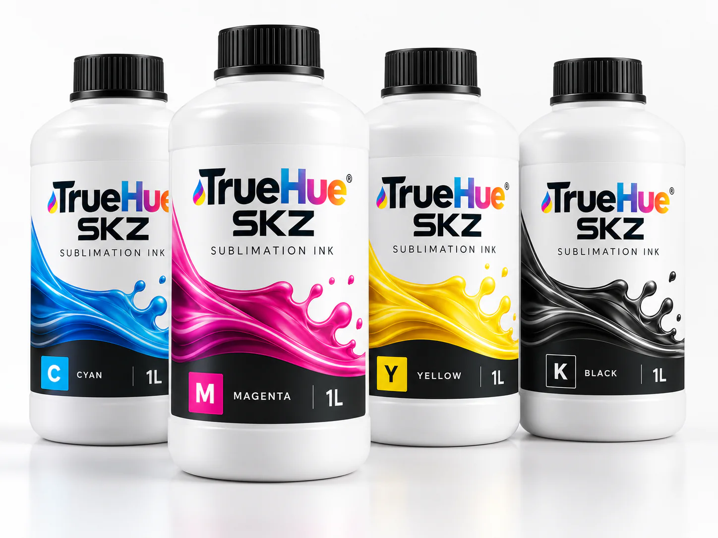 TrueHue Sublimasyon mürekkep şişeleri: camgöbeği, macenta, sarı ve siyah