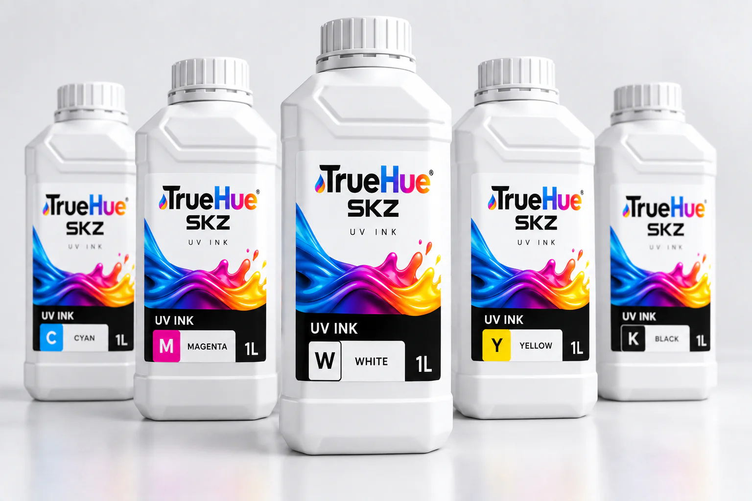 TrueHue UV mürekkep şişeleri: camgöbeği, macenta, beyaz, sarı ve siyah