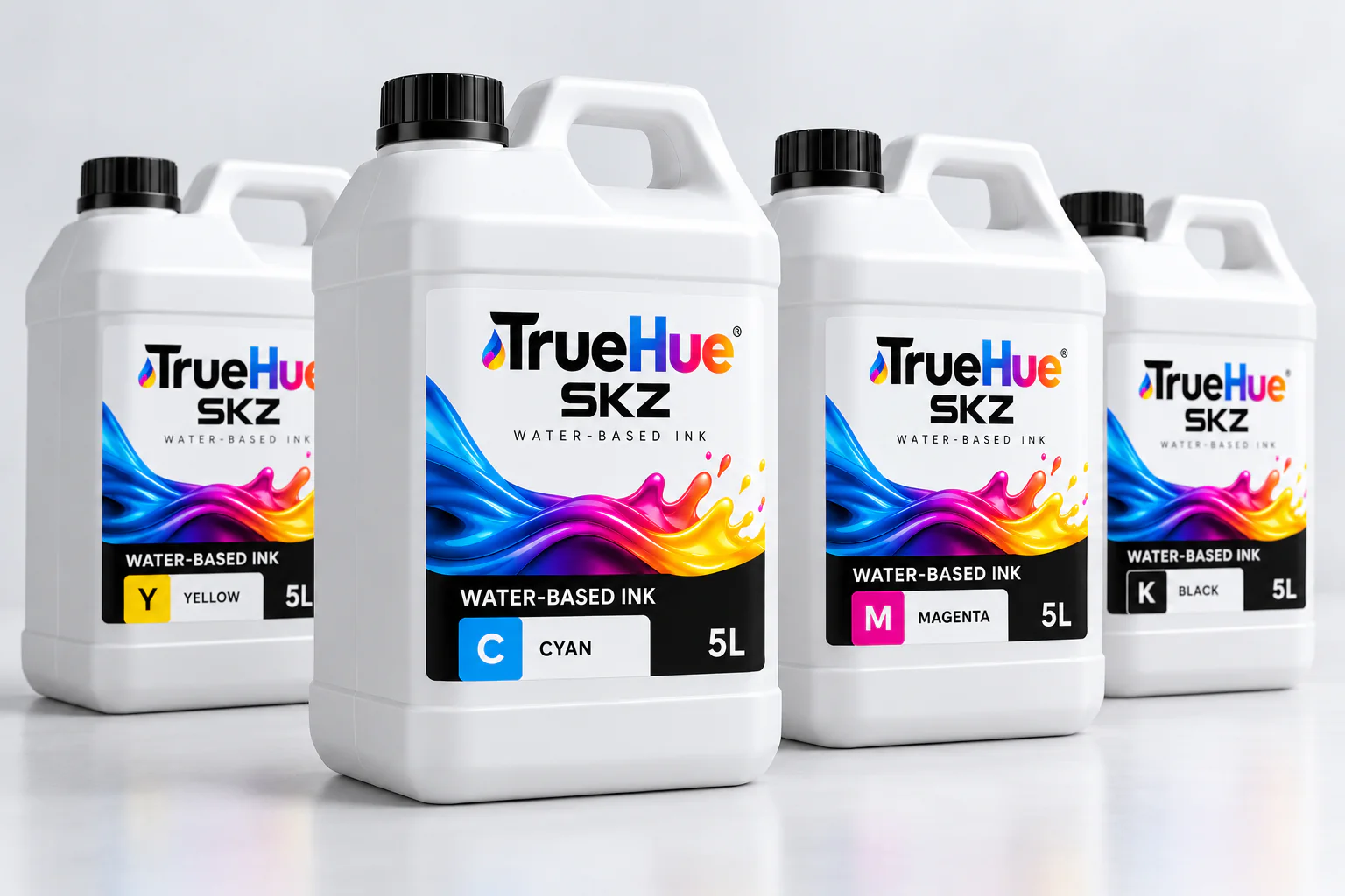TrueHue Su Bazlı mürekkep bidonları: camgöbeği, macenta, sarı ve siyah